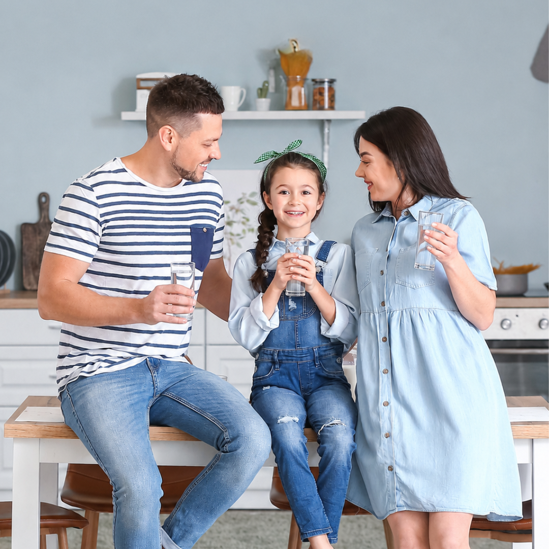 Familie fericita apa curata acasa